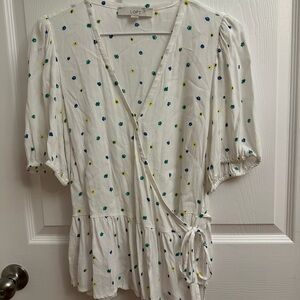 LOFT White Blouse with Blue and Green Floral Pattern